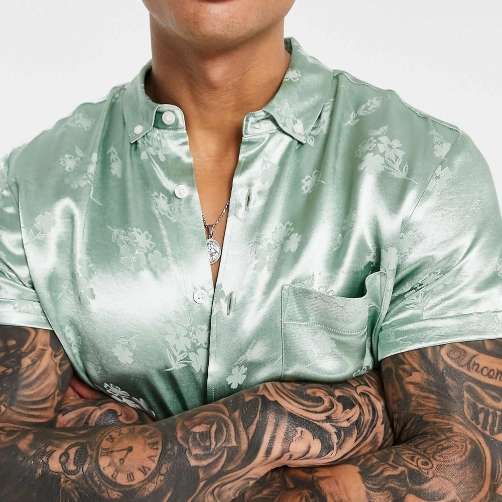 ASOS DESIGN button down shirt in mint green | satin jacquard | M | NEW - Picture 8 of 8